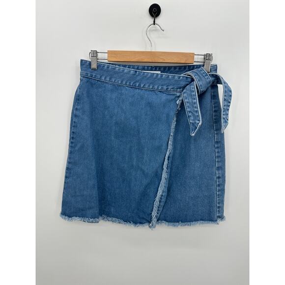 Loft Womens Denim Mini Wrap Skirt Size 6 Fringe Fall Festival Boho Belt Western - Picture 1 of 6